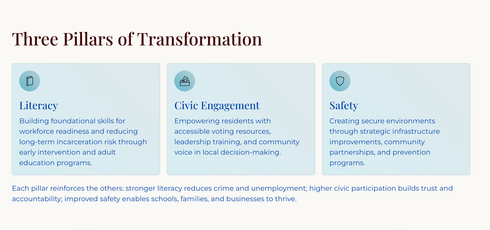 Three pillars of transformation: literacy, civic engagement, and safety. Each pillar has a short description.