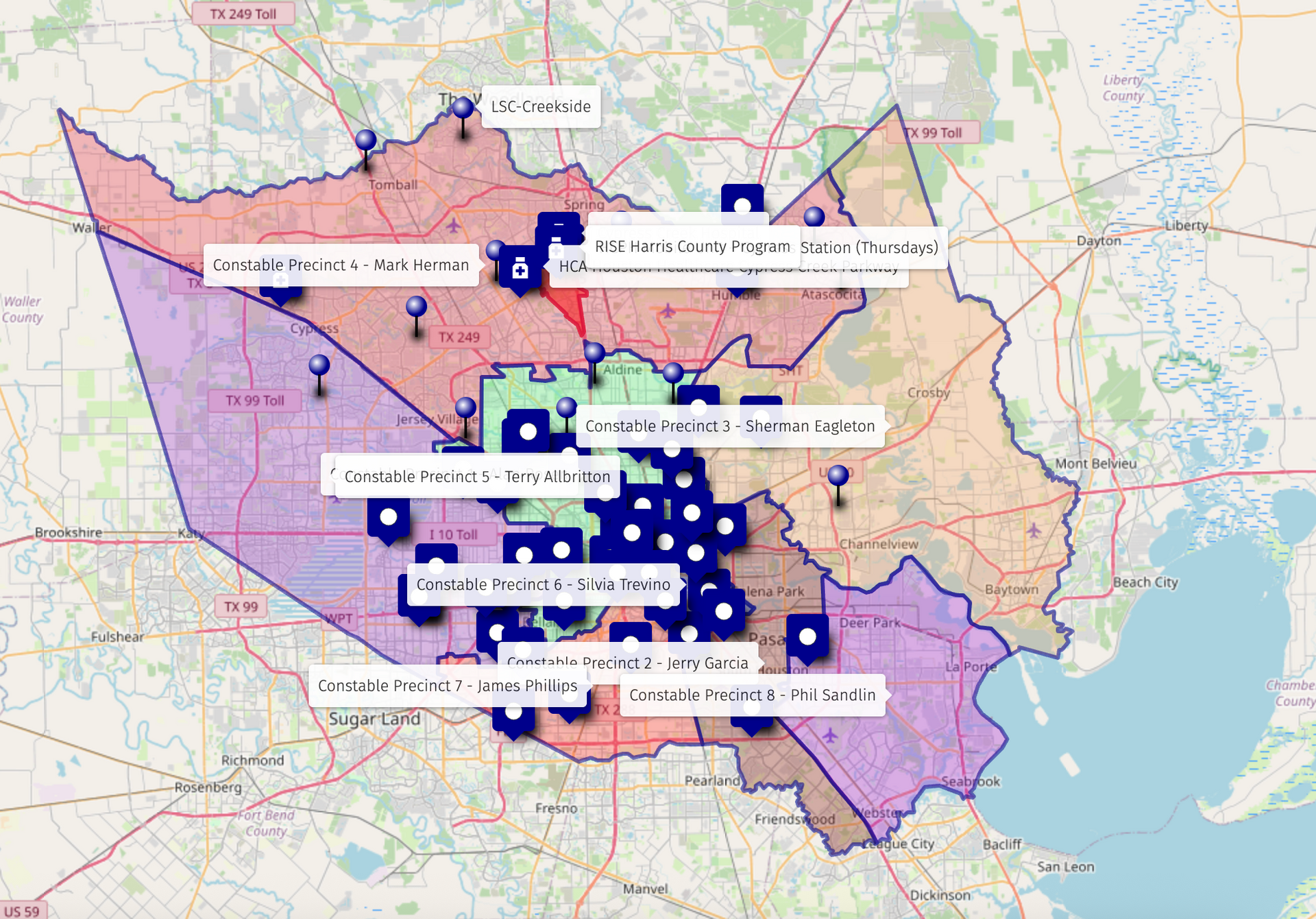 An aerial view of a map of a city showing various colored areas