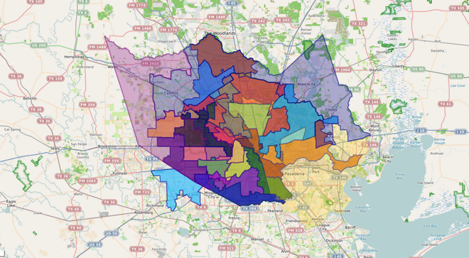 A multi-colored map showing various administrative or electoral districts within a large Texas metropolitan area.