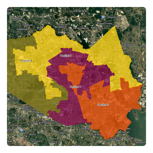 An aerial view of a city with purple and yellow areas