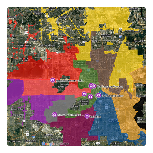 An aerial view of a map of a city showing various colored areas