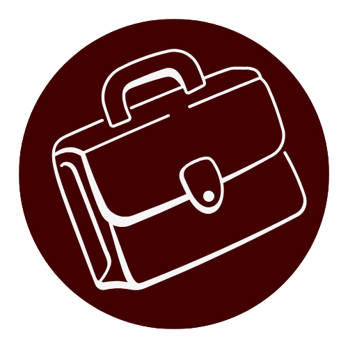 White outline of a briefcase inside a maroon circle.