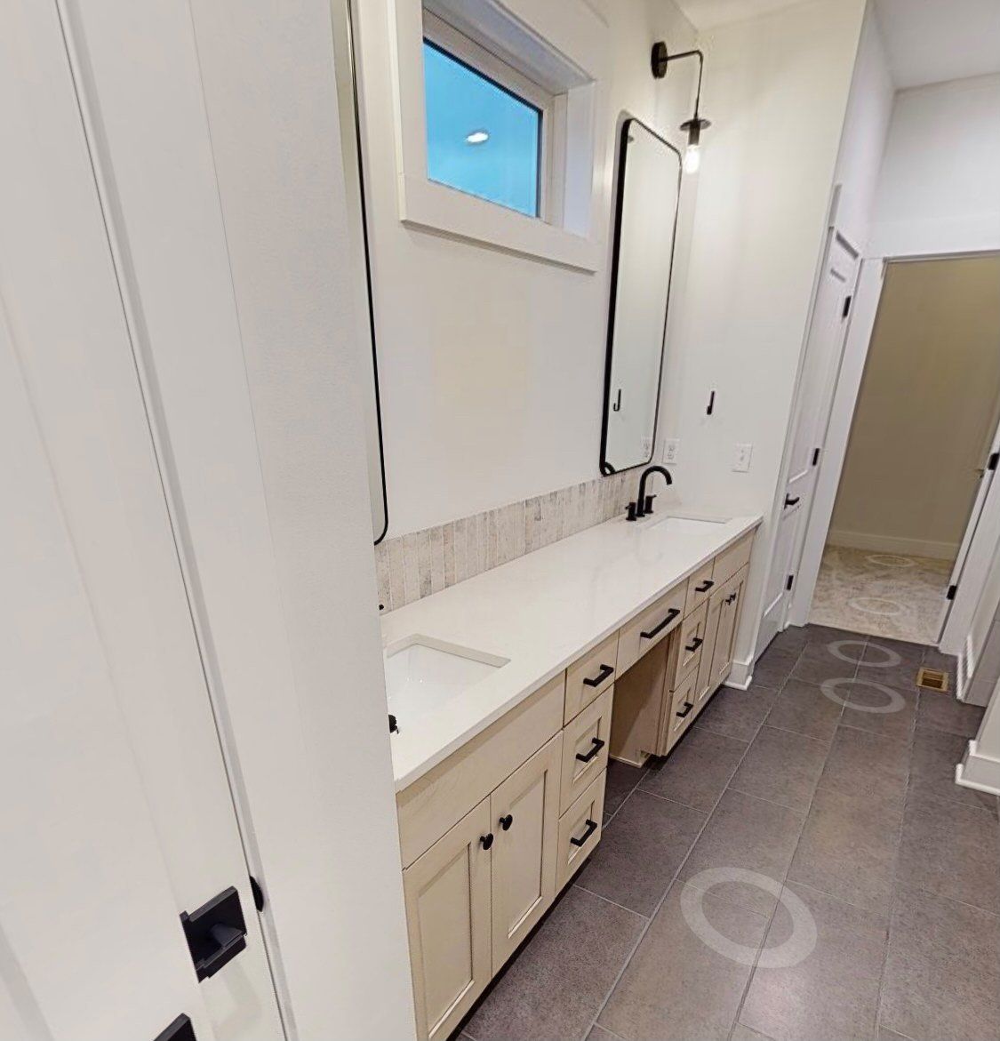 White Bathroom with tan cabinets