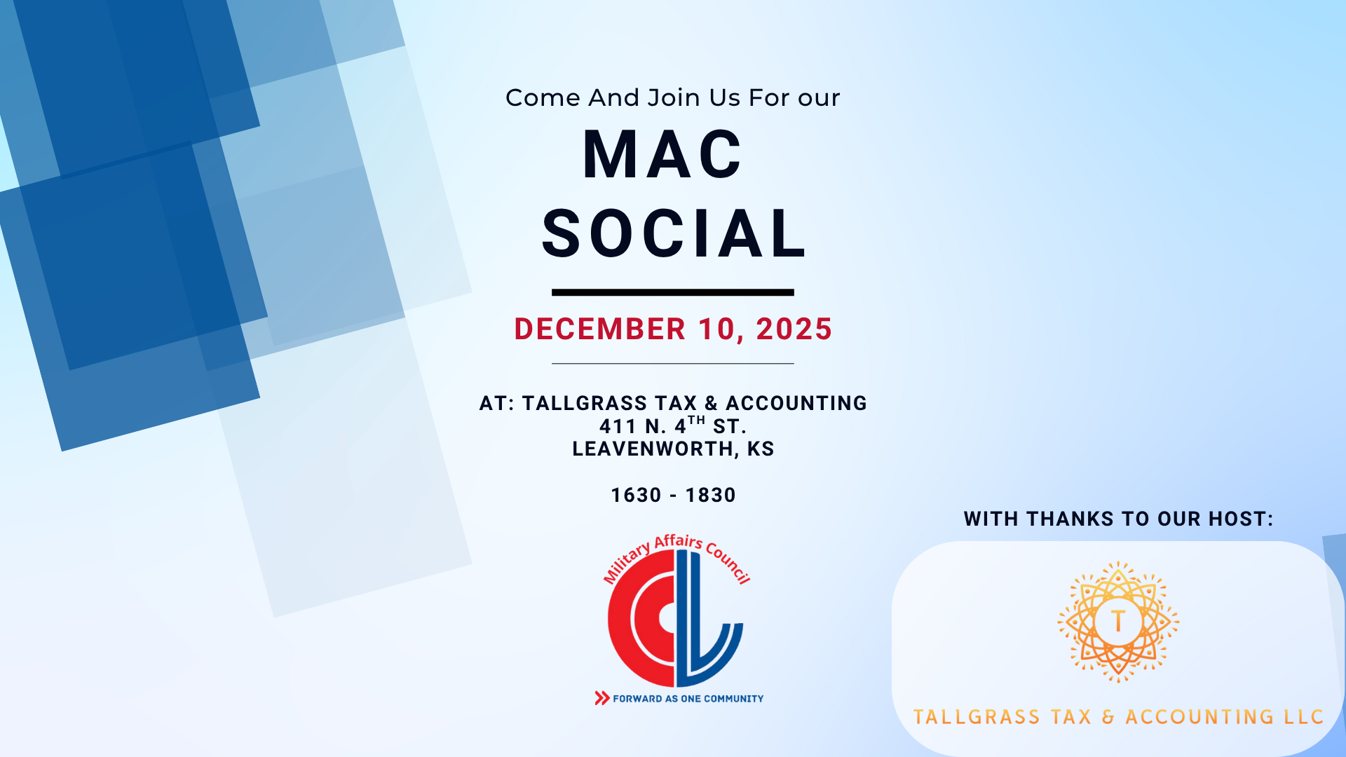 December 10 MAC Meeting at TallGrass Tax & Accounting, 411 N 4th St. Leavenworth, KS 1630-1830