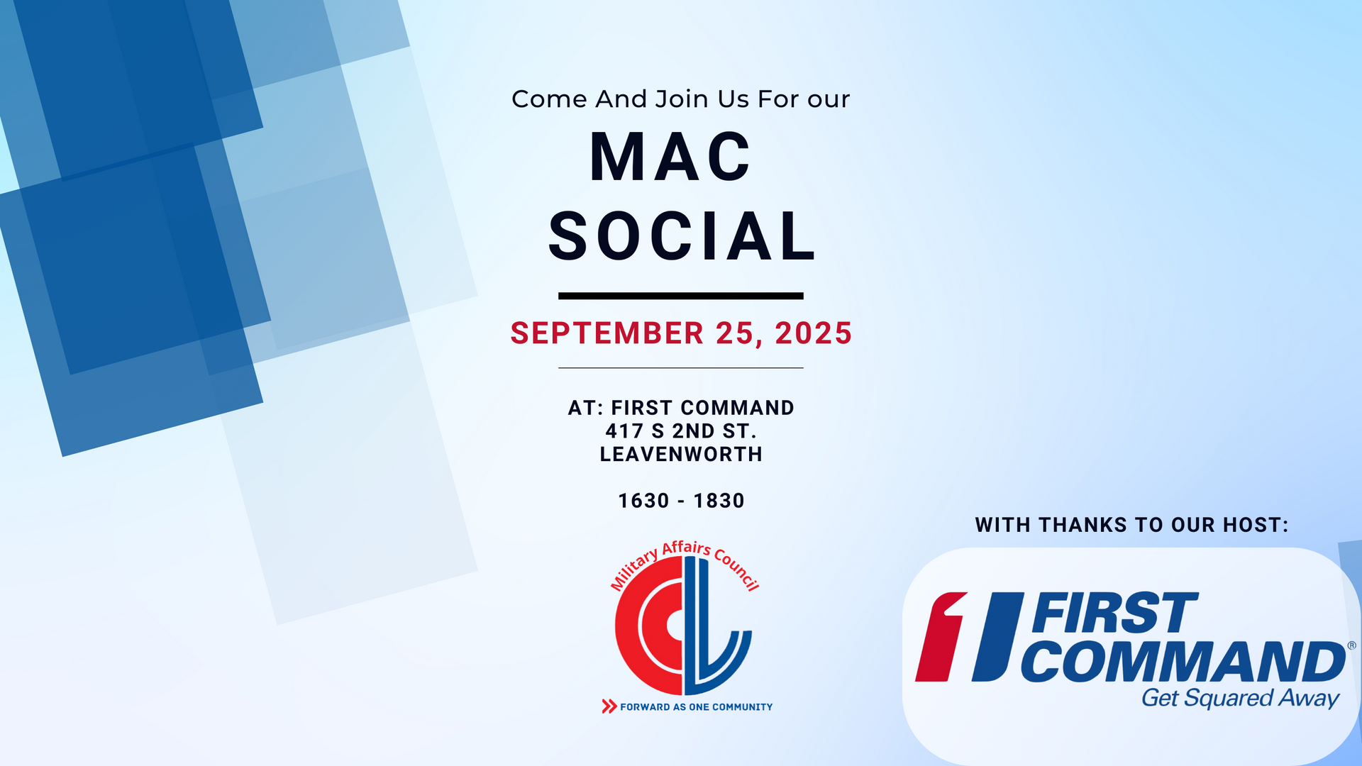 September 25, 2025 MAC Social at First Command. 414 S 2nd Street, Leavenworth, KS 1630-1830