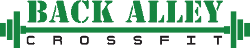 Green logo for "BACK ALLEY CROSSFIT" with a barbell design.