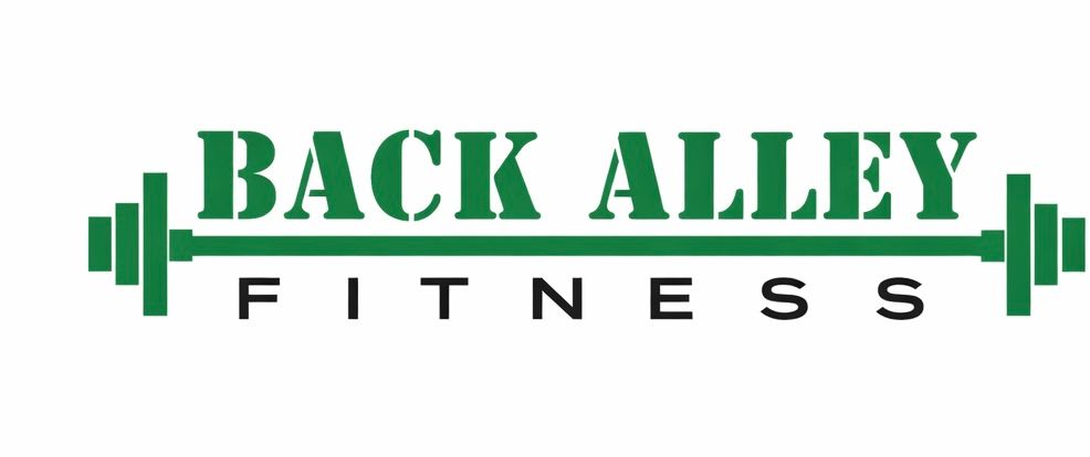 Green logo for "BACK ALLEY CROSSFIT" with a barbell design.