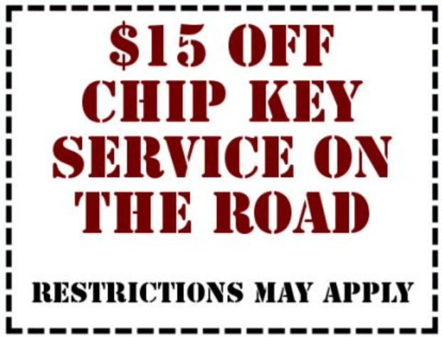 A coupon for $ 15 off chip key service on the road
