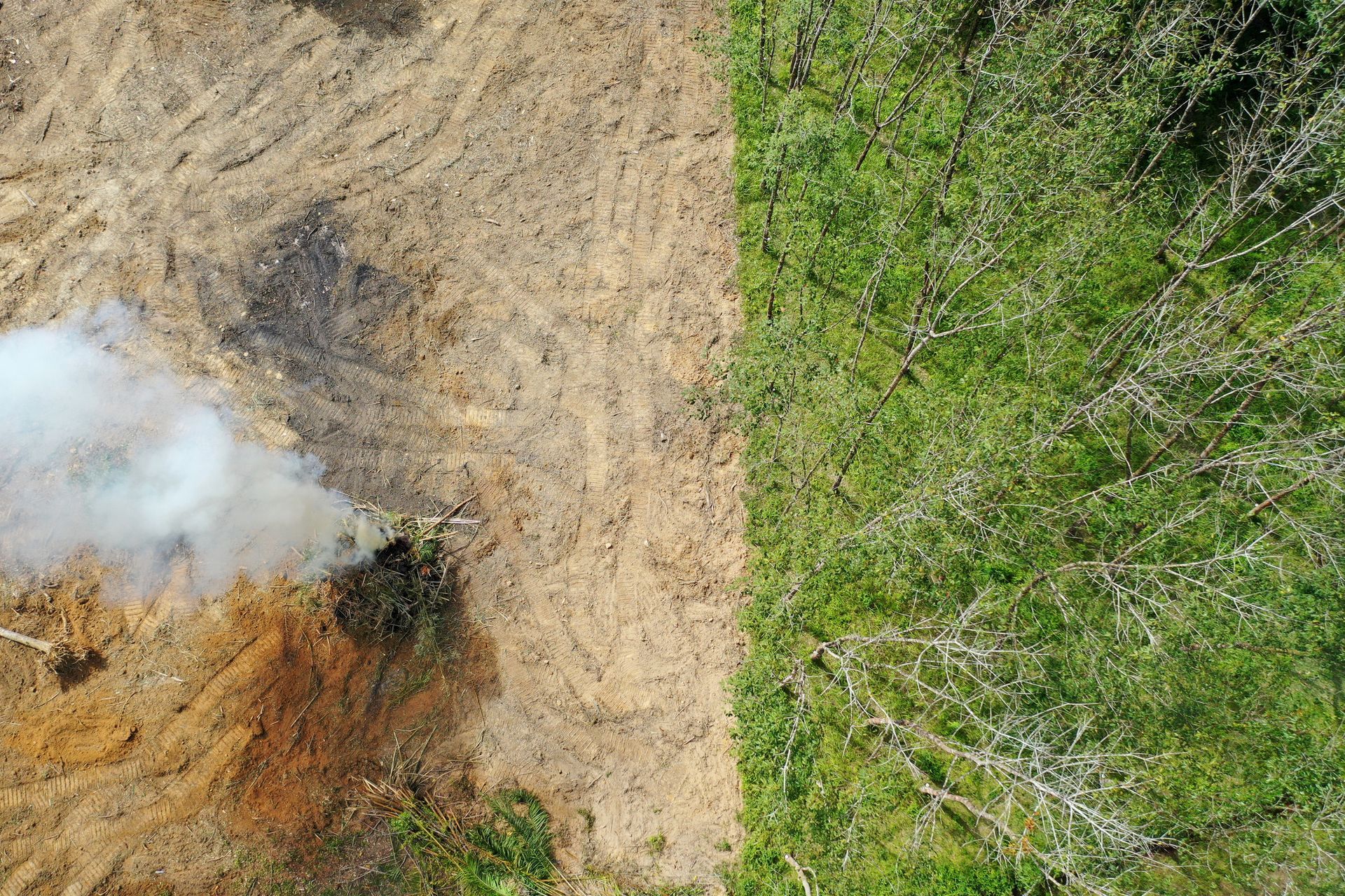 Aerial view: smoke rising from a smoldering pile of dirt next to a patch of green grass.