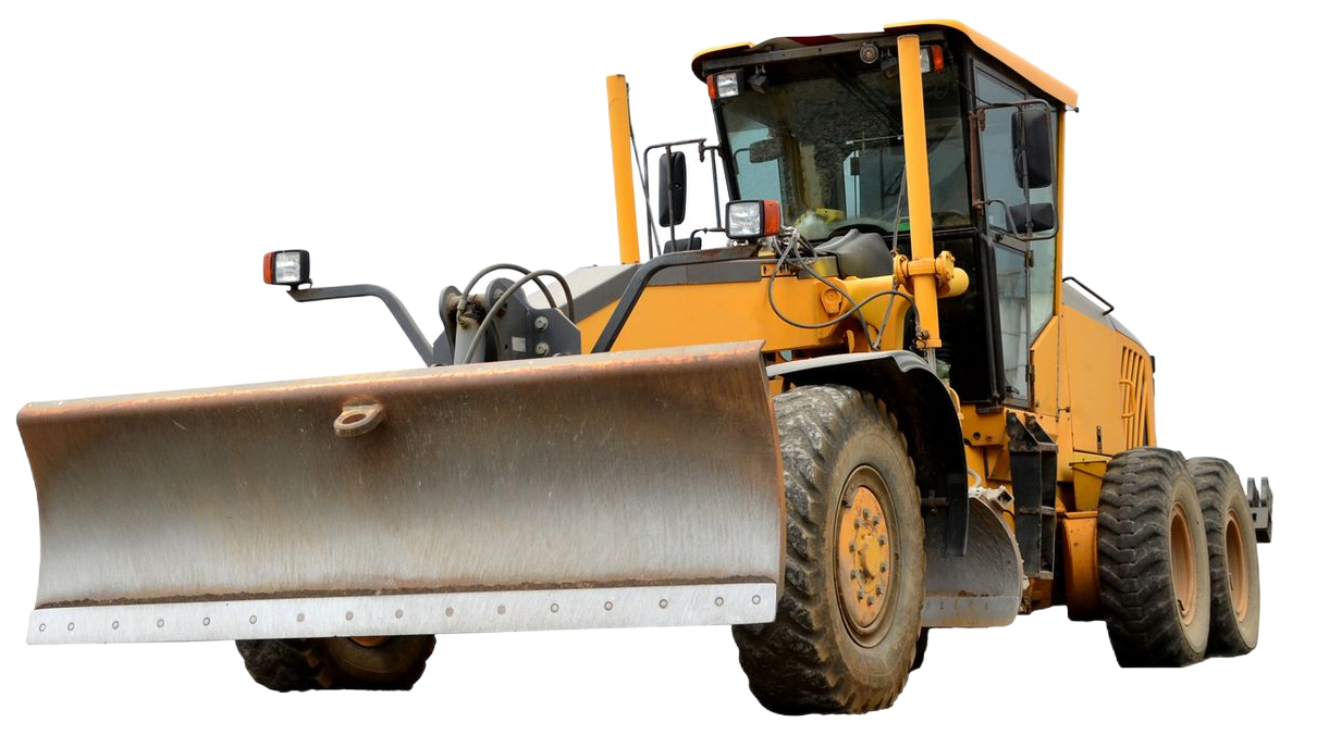 Yellow road grader with blade extended, in a construction area.