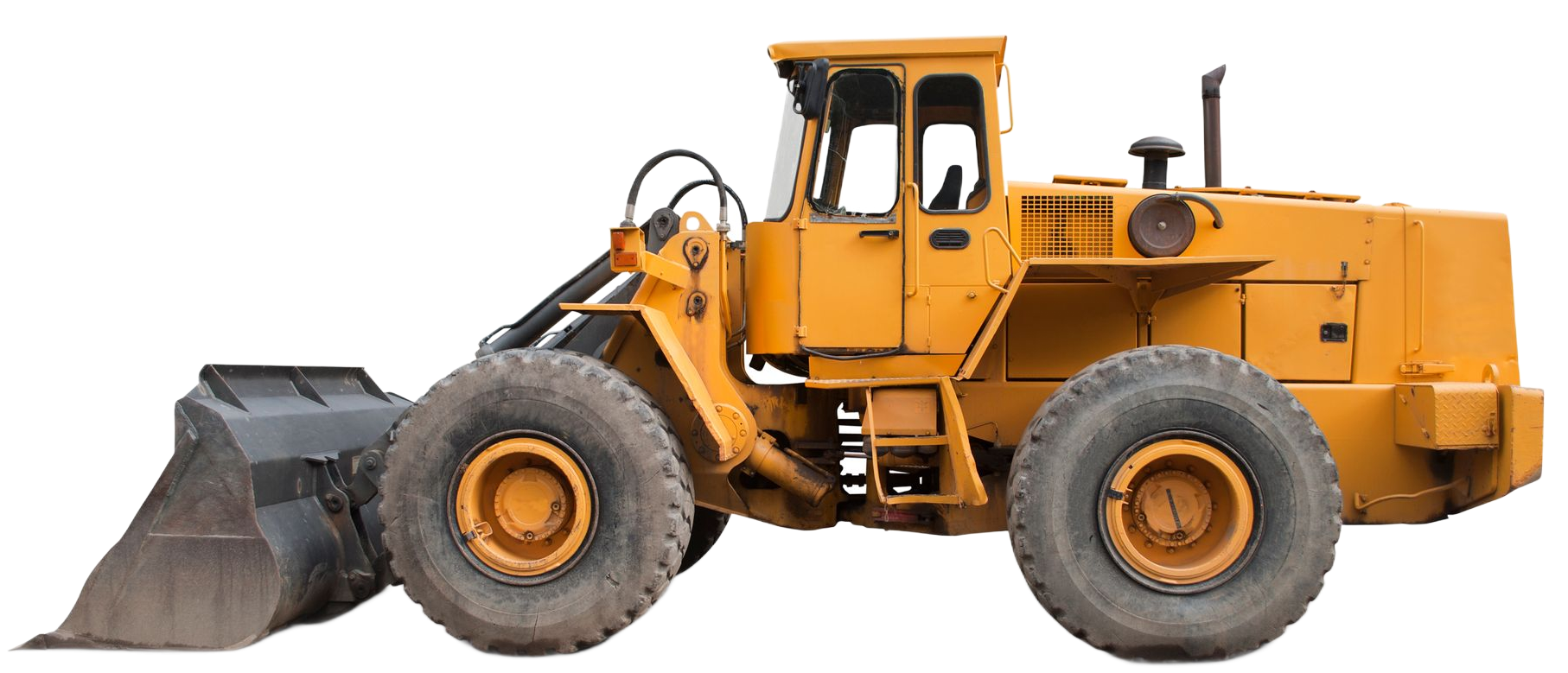Yellow bulldozer with a raised bucket on a white background.