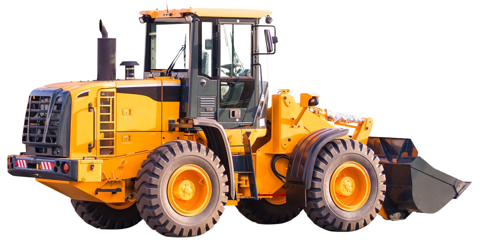 Yellow front-end loader with black bucket, used in construction.