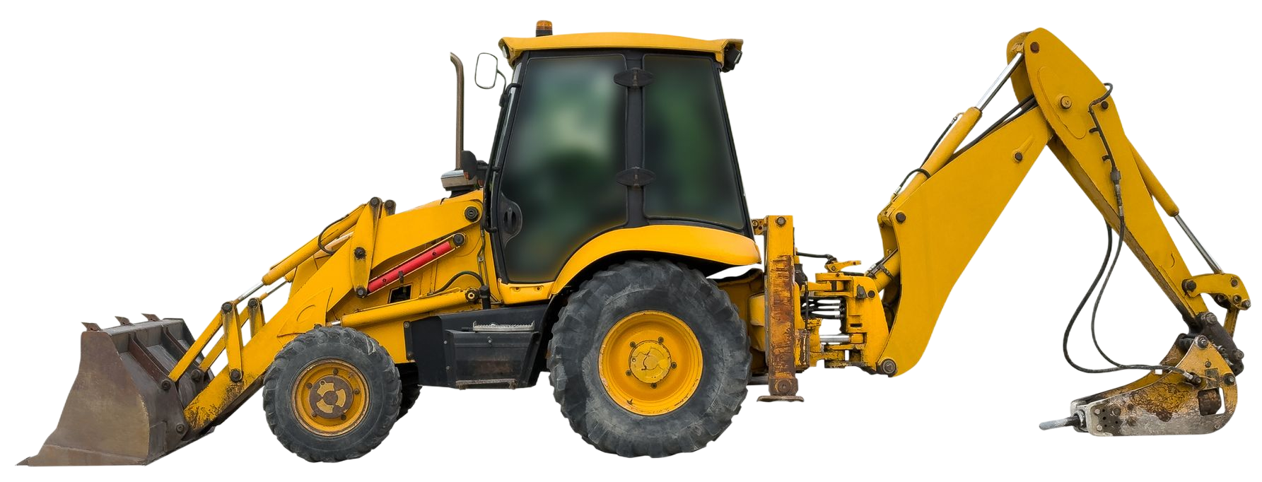 Yellow backhoe on a white background, with its front bucket down and a jackhammer attachment.