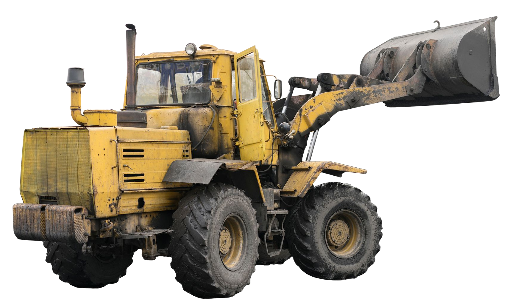 Yellow front-end loader with raised bucket. It has large tires and is on a construction site.