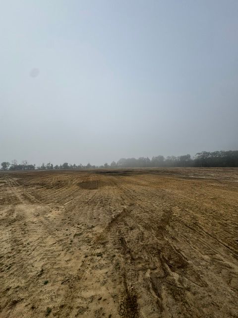 Brown dirt field, trees in the distance, overcast sky.