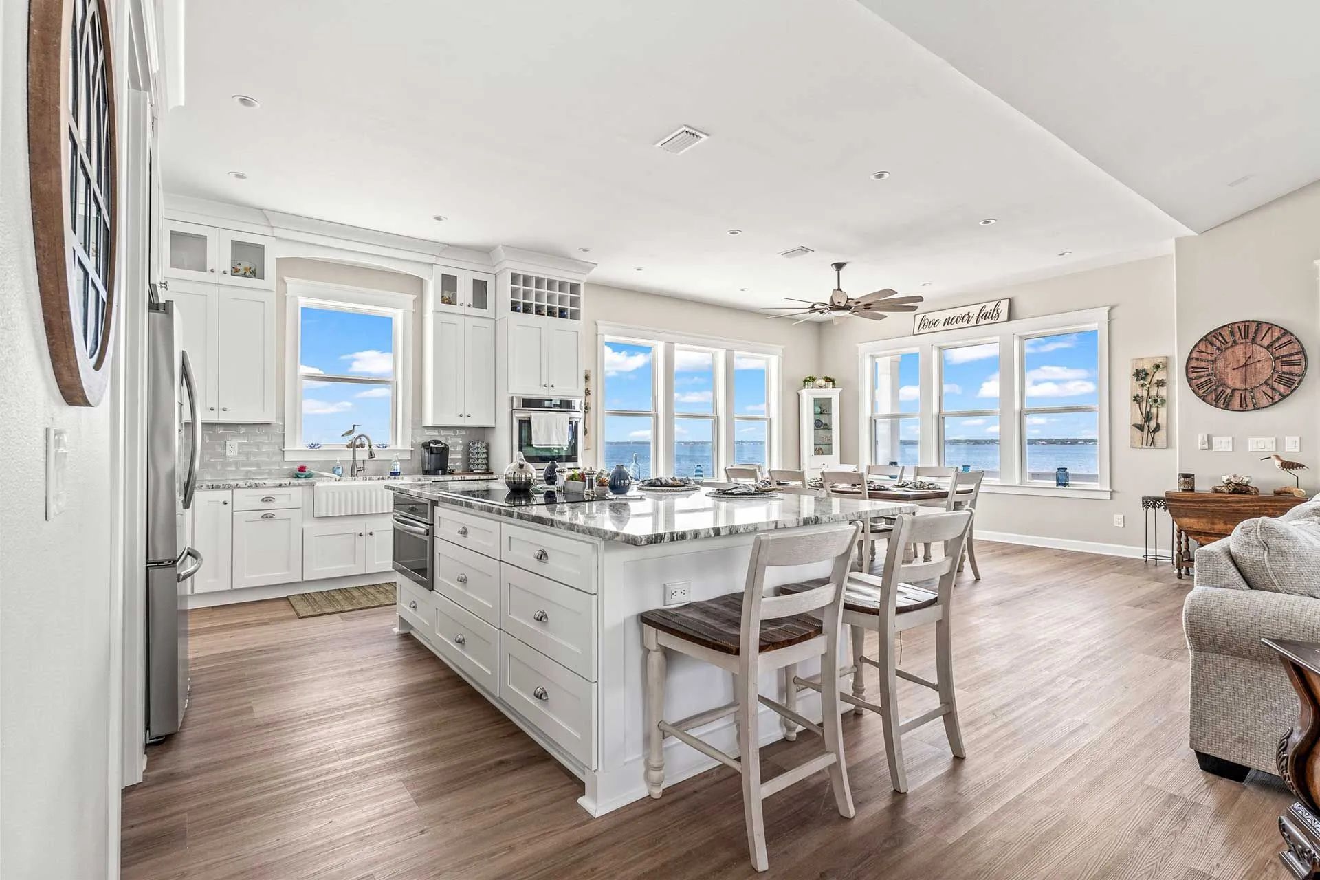There is a large island in the middle of the kitchen.
