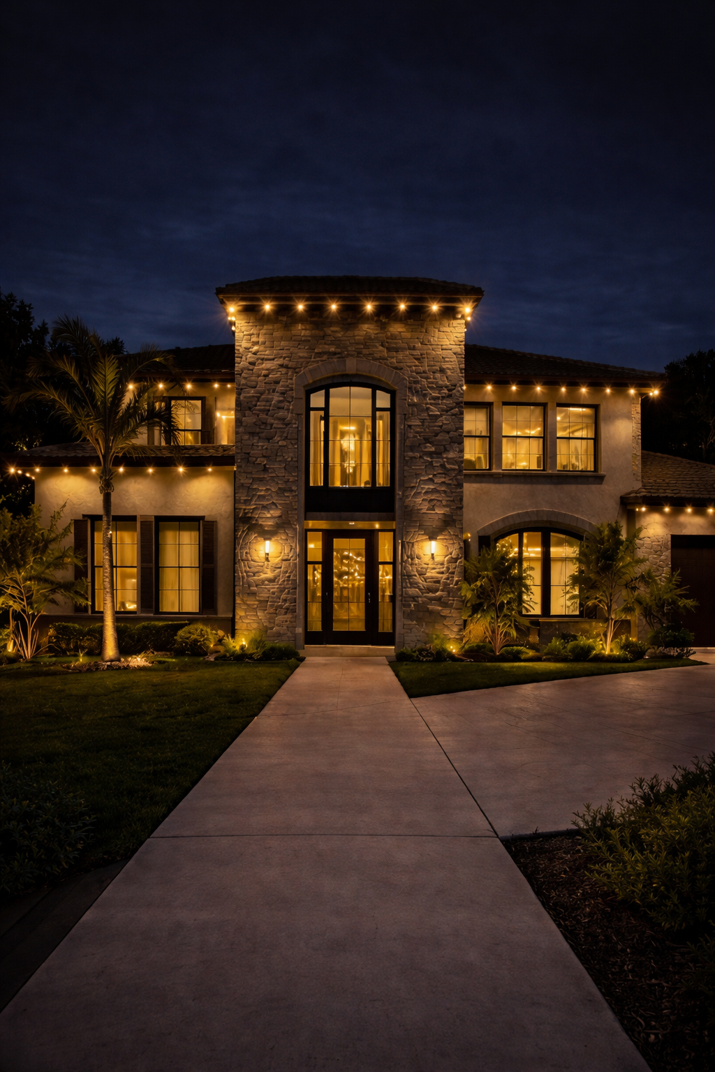 Lit-up stone mansion at night with a walkway leading to the front door. String lights and ground spotlights illuminate the house.