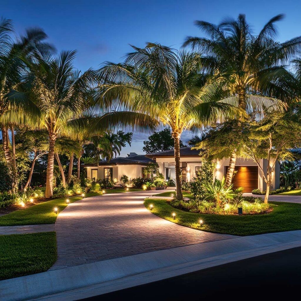 Lit driveway leads to a modern house, lined with palm trees at dusk.