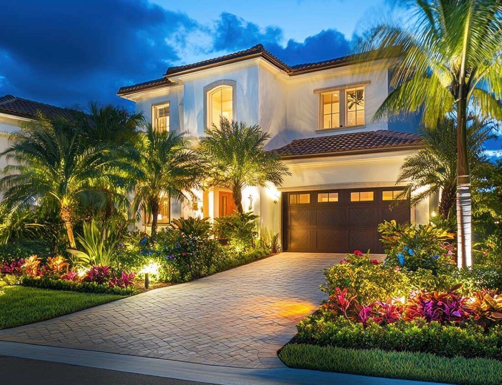 Luxury home at dusk, lit driveway and landscaping, palm trees, brown garage door, blue sky.