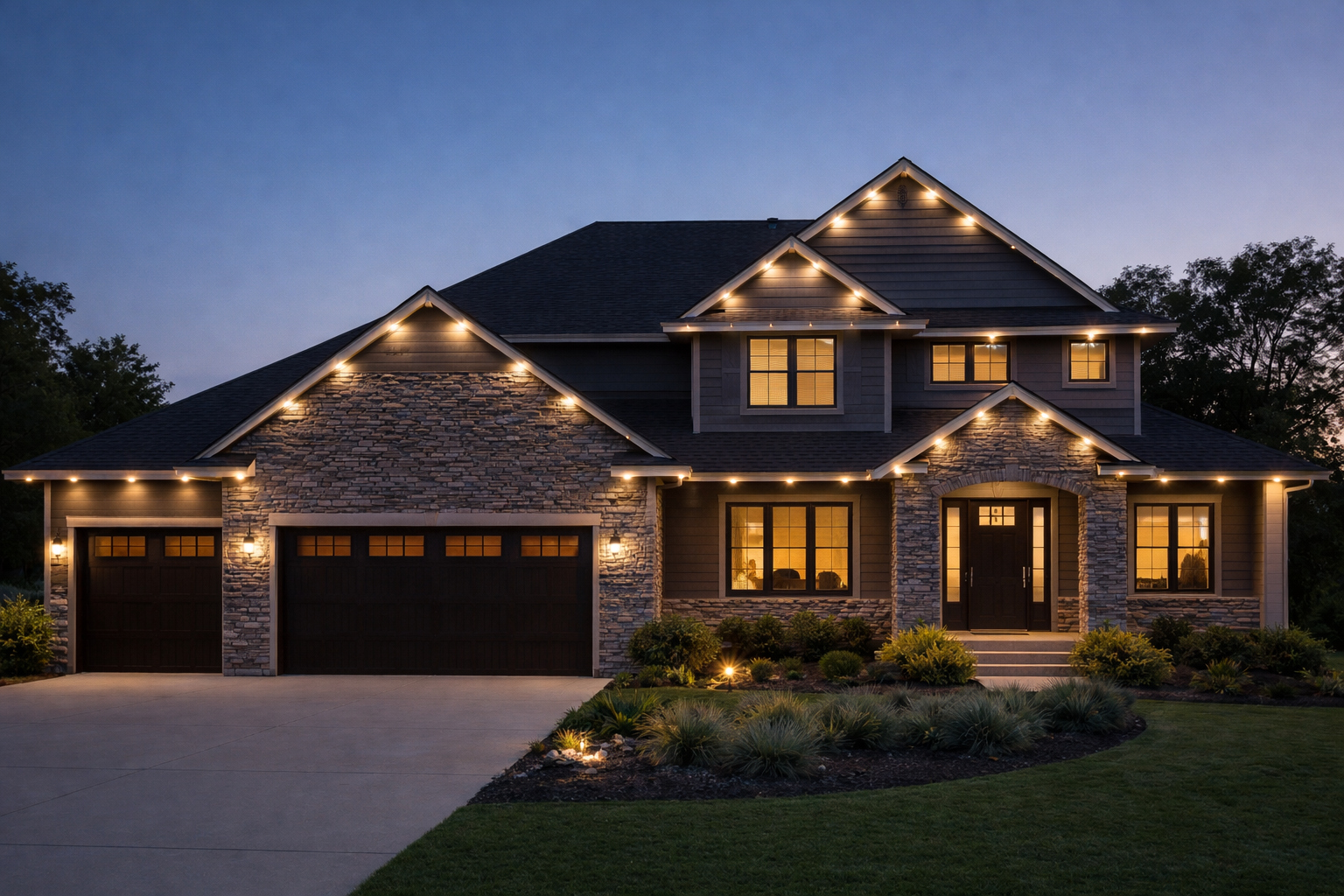 Two-story house at dusk with illuminated trim, stone and gray siding, and a dark garage door.