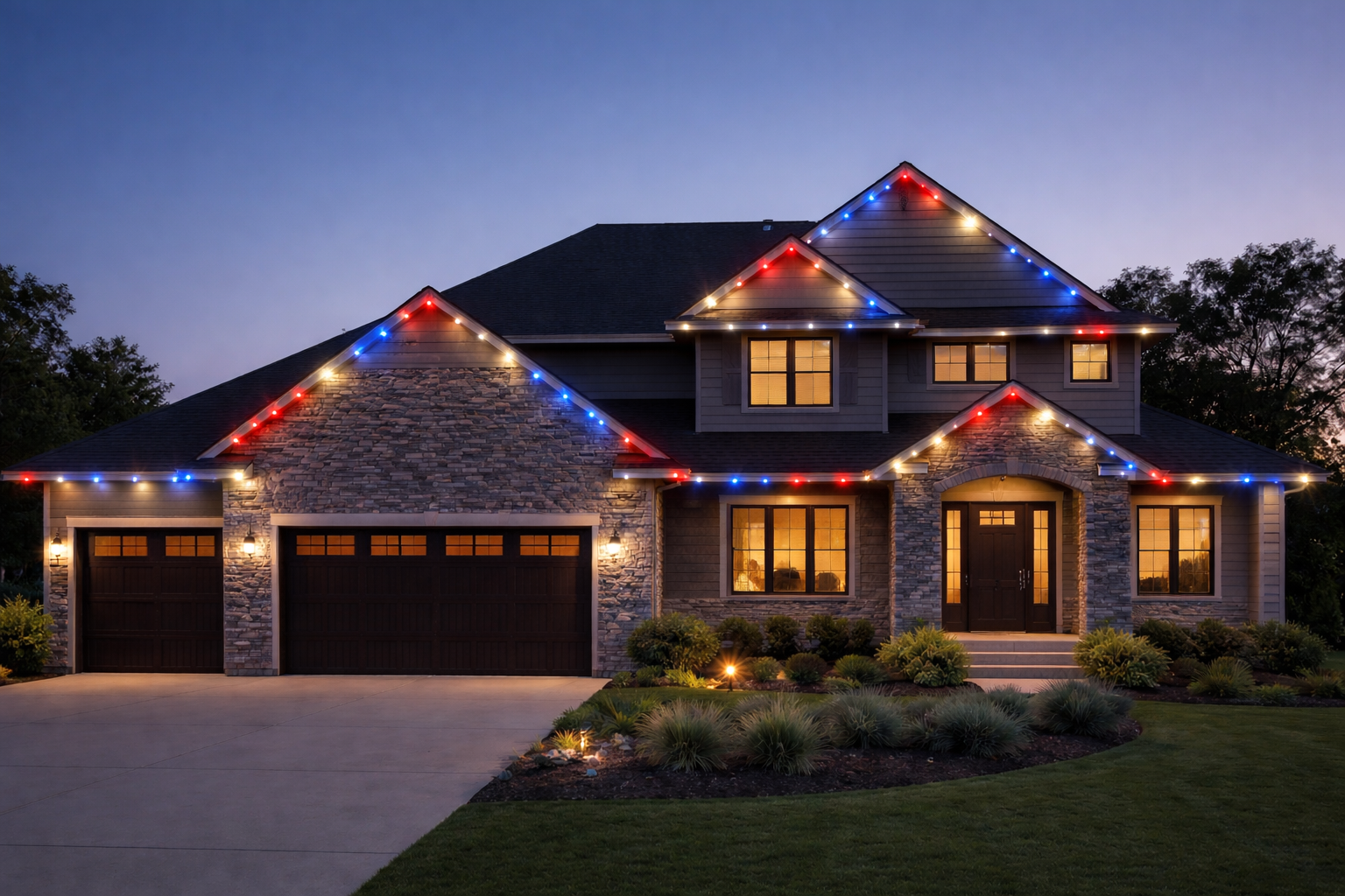Two-story house lit with red, white, and blue lights along the roofline, at dusk.