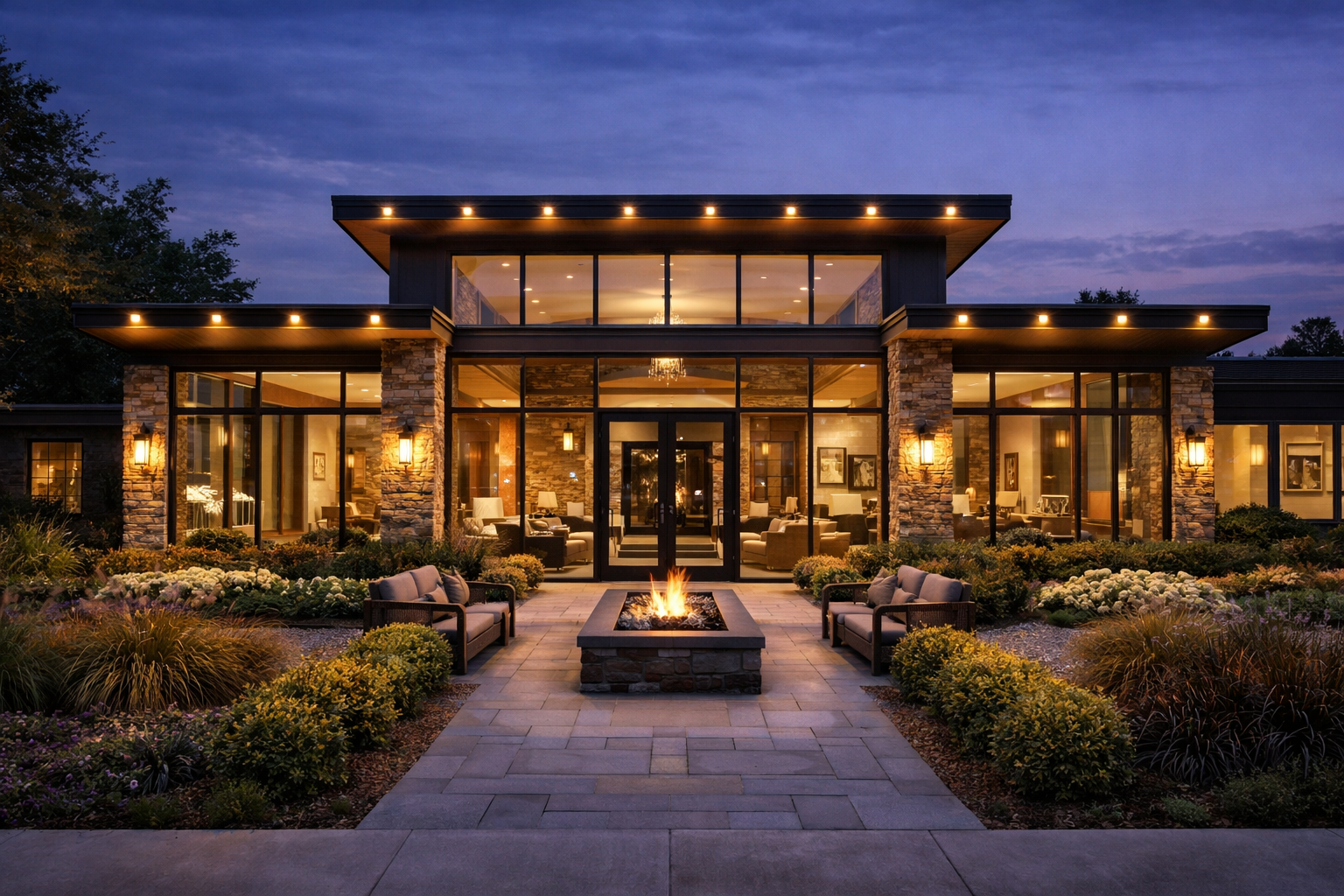 Modern house exterior at dusk with fire pit, glass windows, and stone accents.