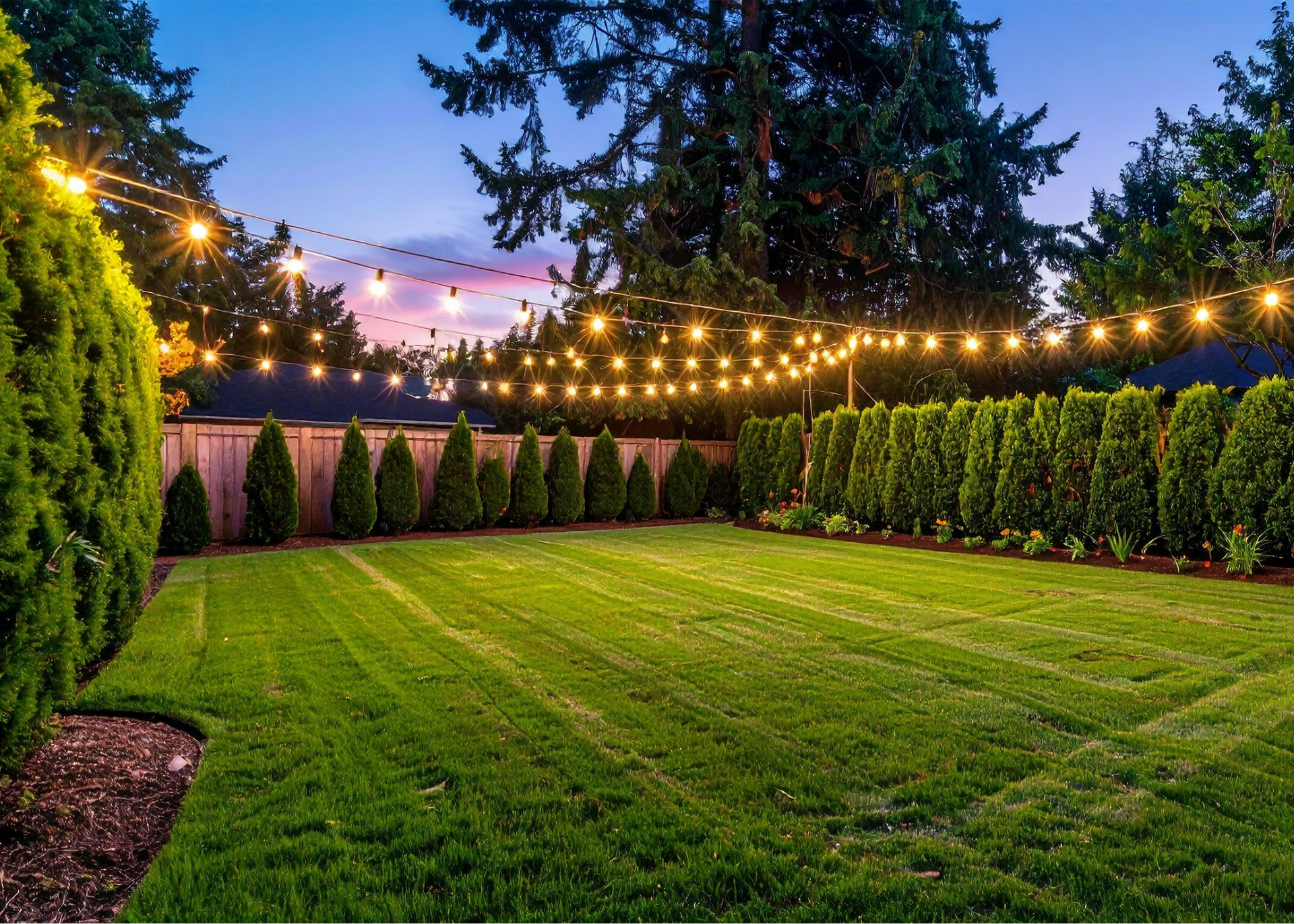 Lush green backyard with rows of hedges, string lights overhead, and a wooden fence, under a dusky blue sky.