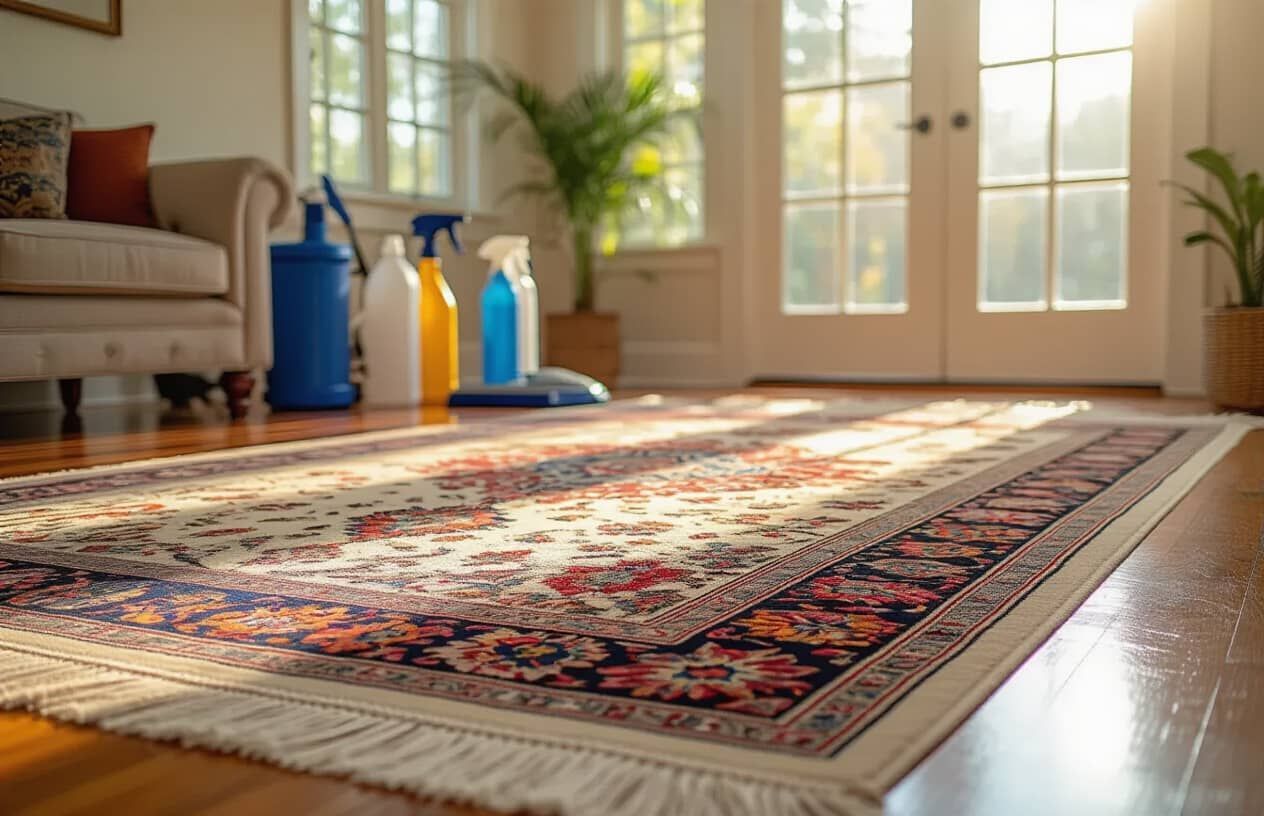 Living room with colorful rug, cleaning supplies, and bright sunlight.