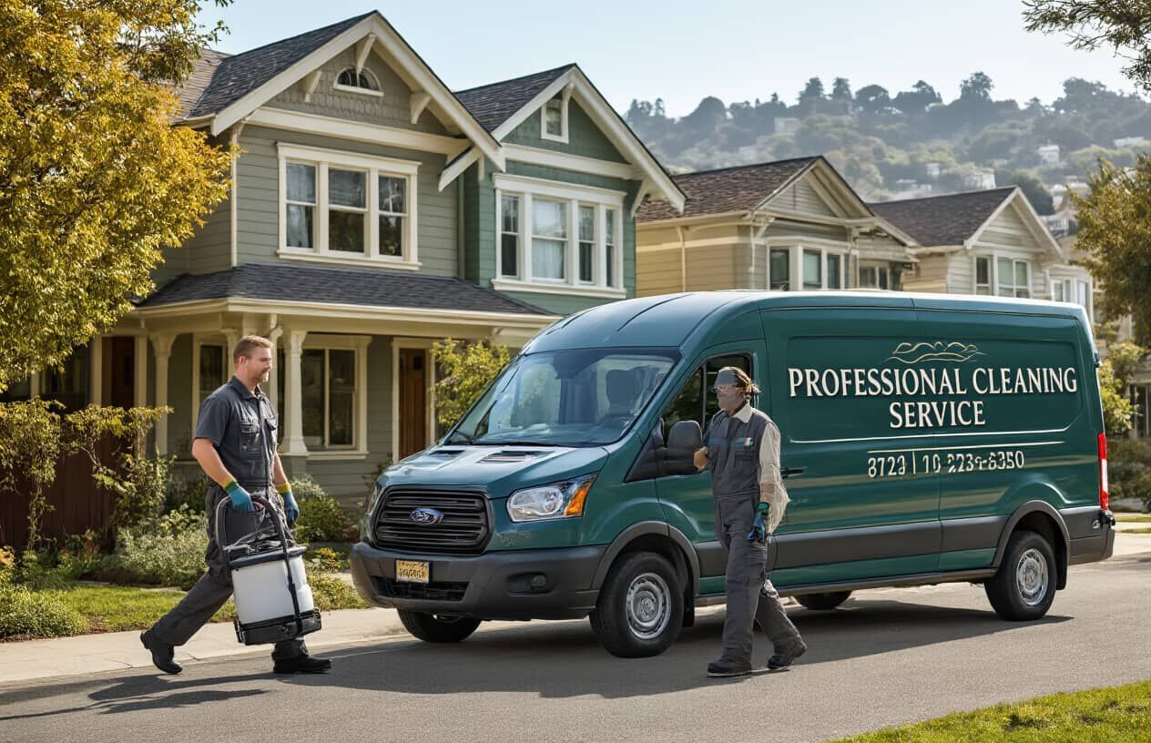 Two people with a cleaning van in front of a house. Van is green, house is green/tan. People are in uniform.