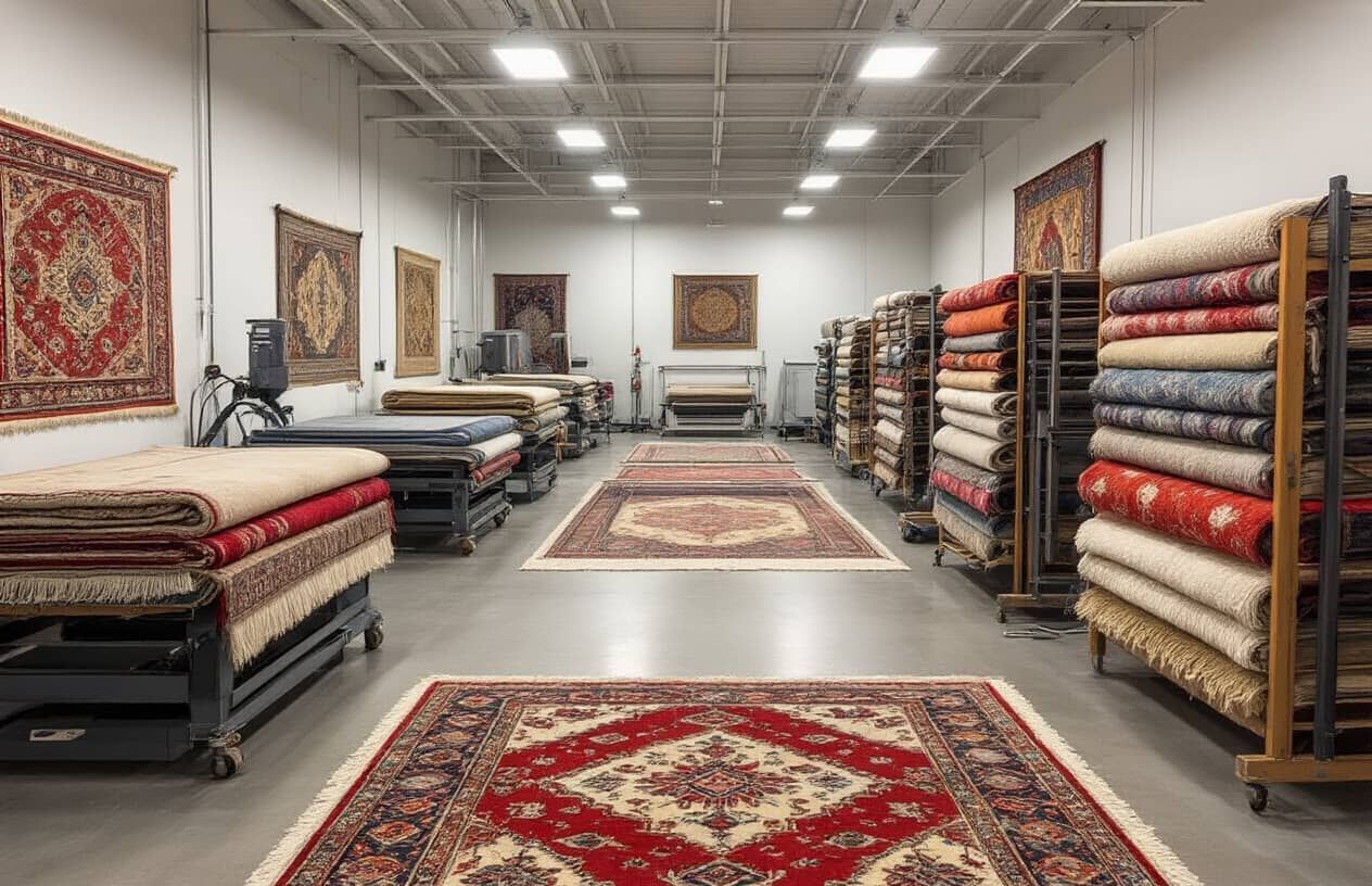 Rug showroom with stacks of colorful rugs, plus displayed rugs on walls and floor.