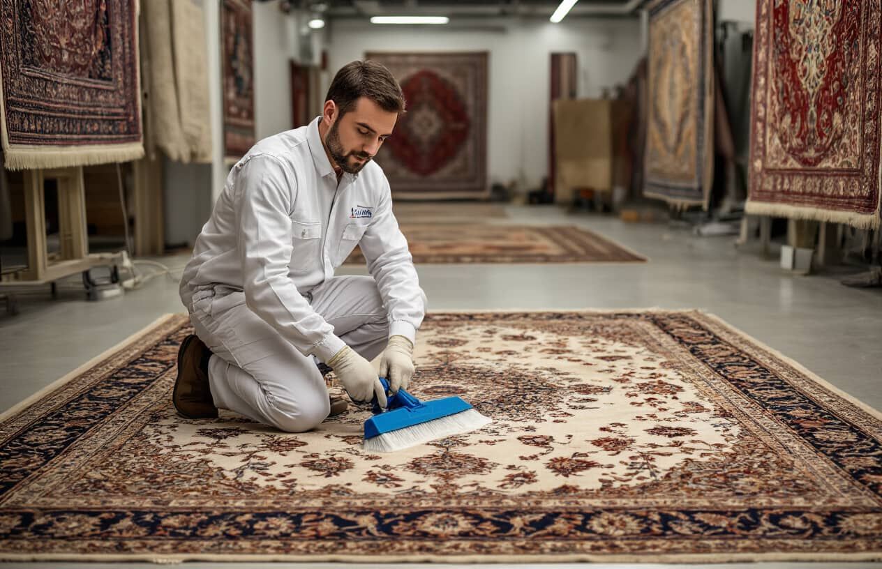 Man in white cleaning rug with blue brush in a rug cleaning workshop.