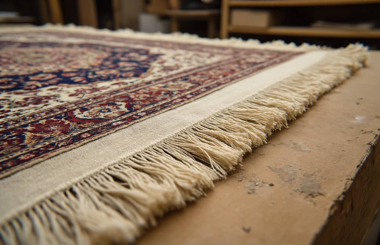 Close-up of ornate rug edge with cream fringe, displaying red, blue, and cream patterns on a workbench.