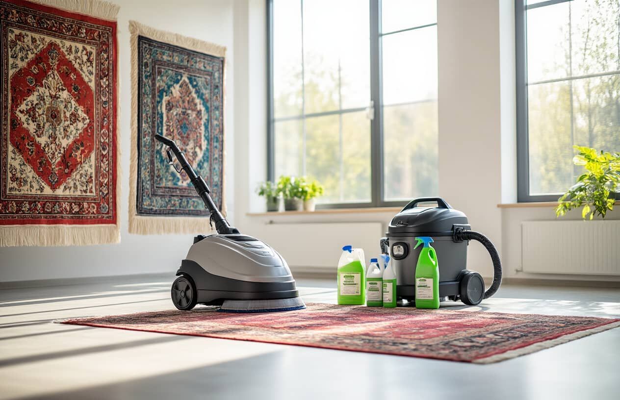 A rug being cleaned with steam cleaner. Rugs on wall, cleaner, vacuum, and cleaning products in room with window.