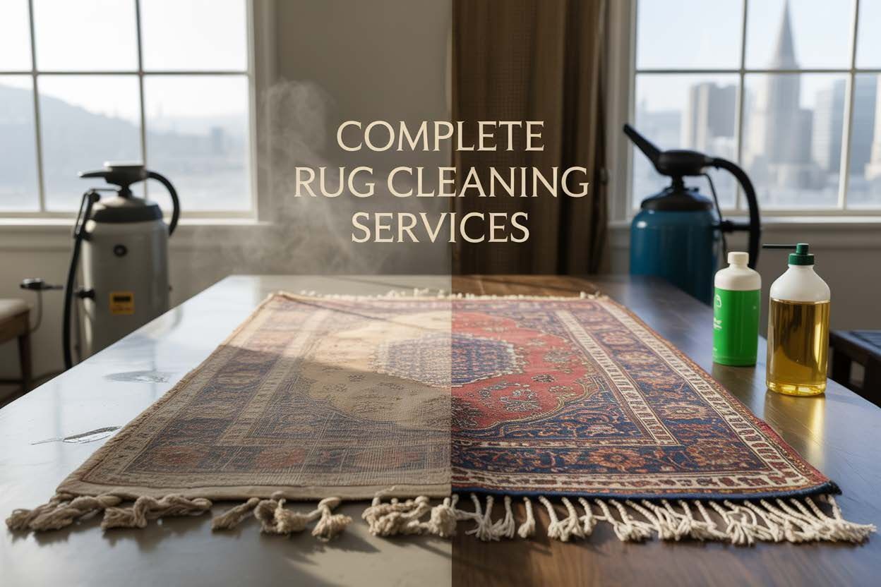 Rug half-cleaned, showing color difference. Cleaning equipment and bottles on table near window.