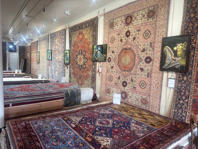Showroom of handmade and antique rugs at Rug Master in Burlingame, CA.