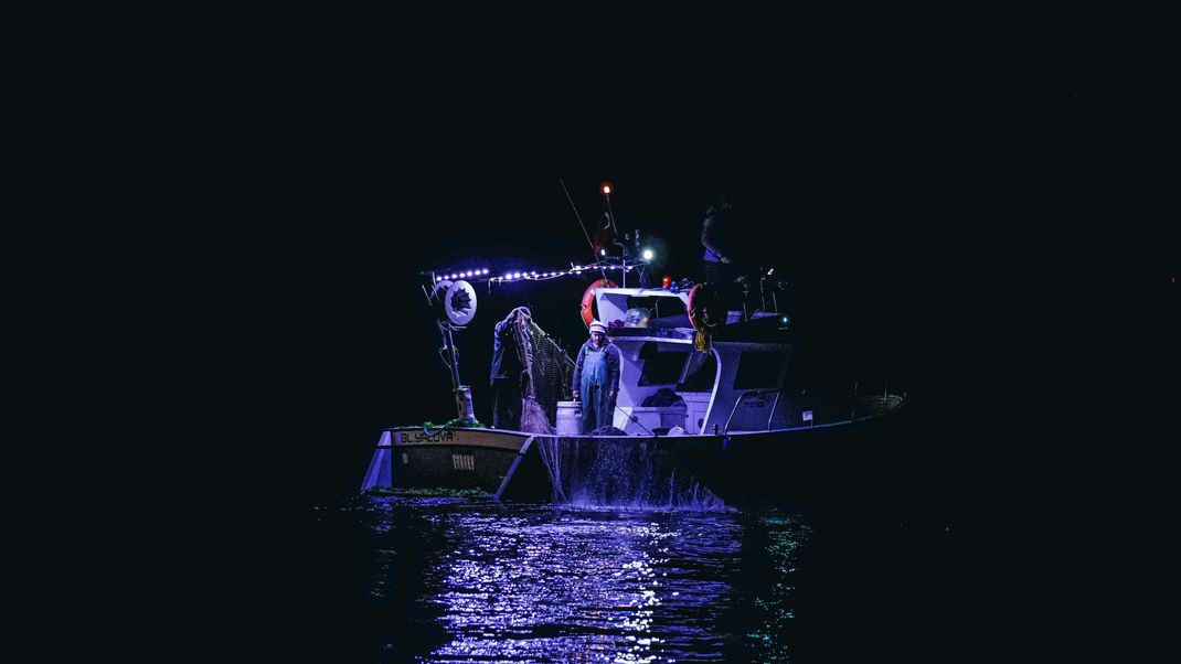 Person on a lit boat at night, reflected in dark water with blue-purple lights.