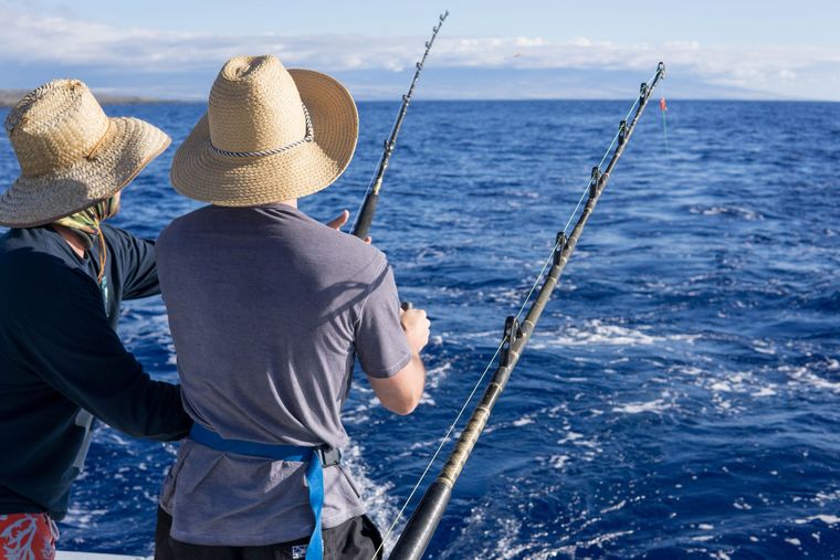 Two people fishing from a boat on a sunny blue ocean, rods angled over the water