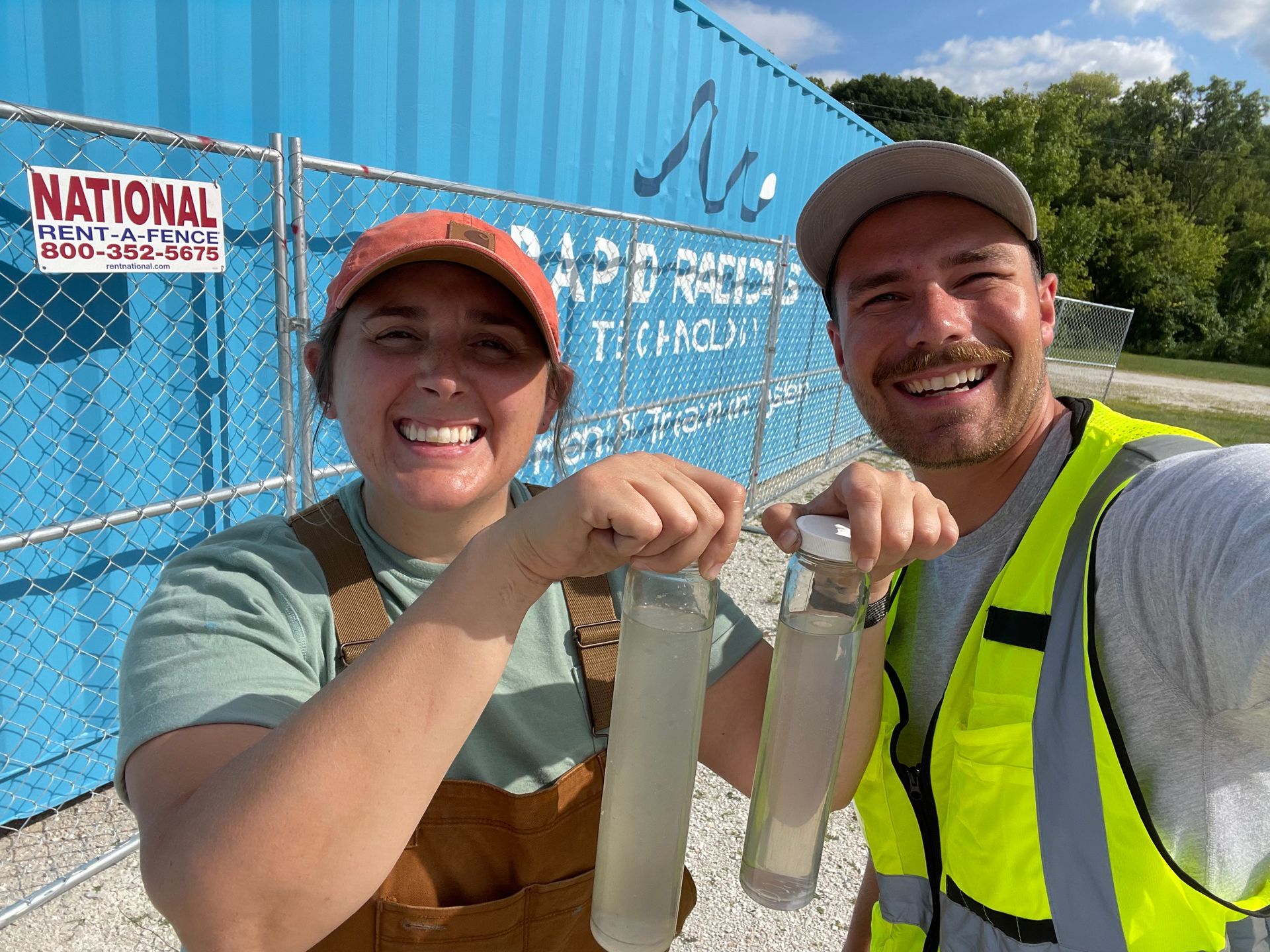 Will Schanen and Paige Peters holding before and after treated water