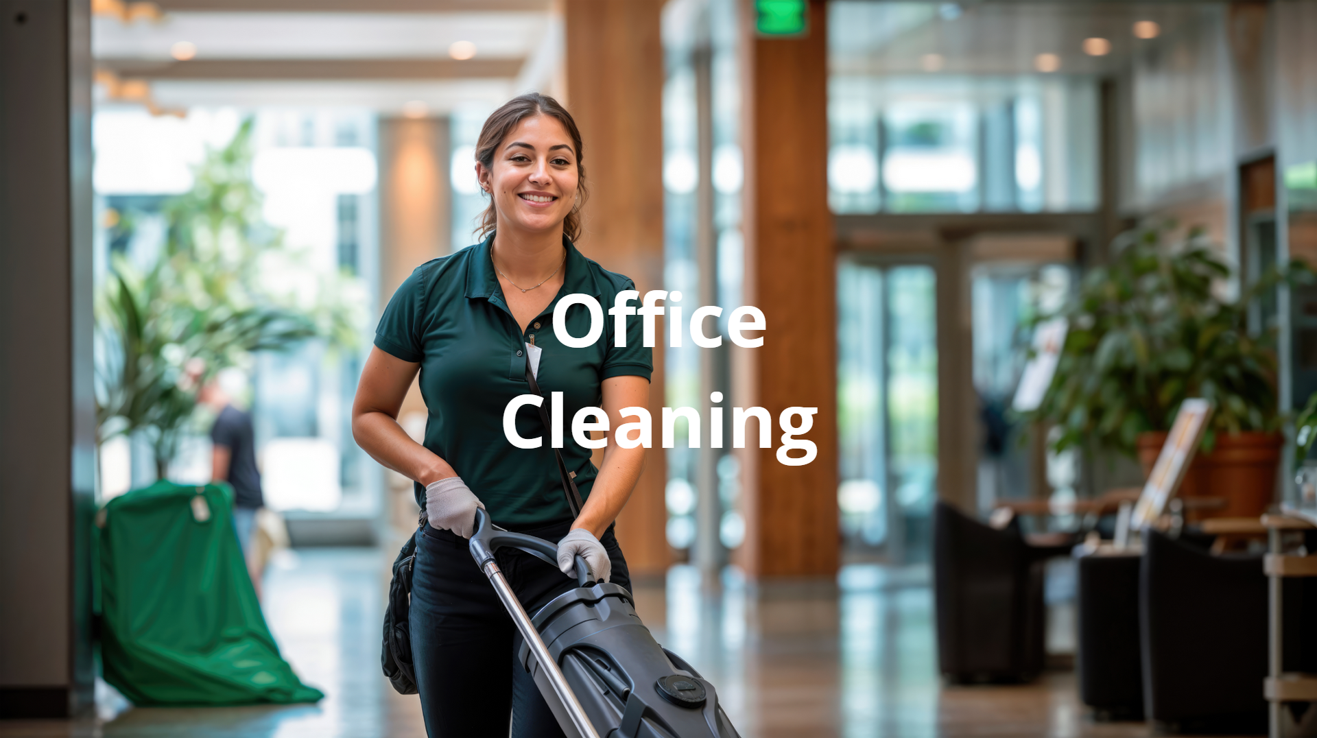 A woman is cleaning an office with a vacuum cleaner.