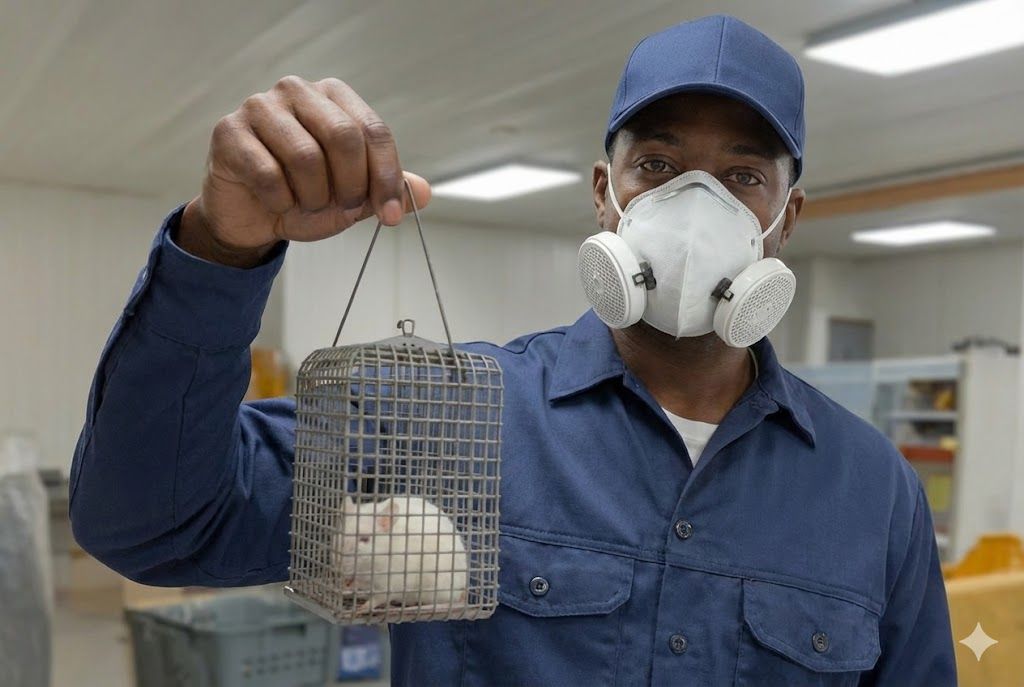 A man wearing a gas mask is holding a mouse in a cage.