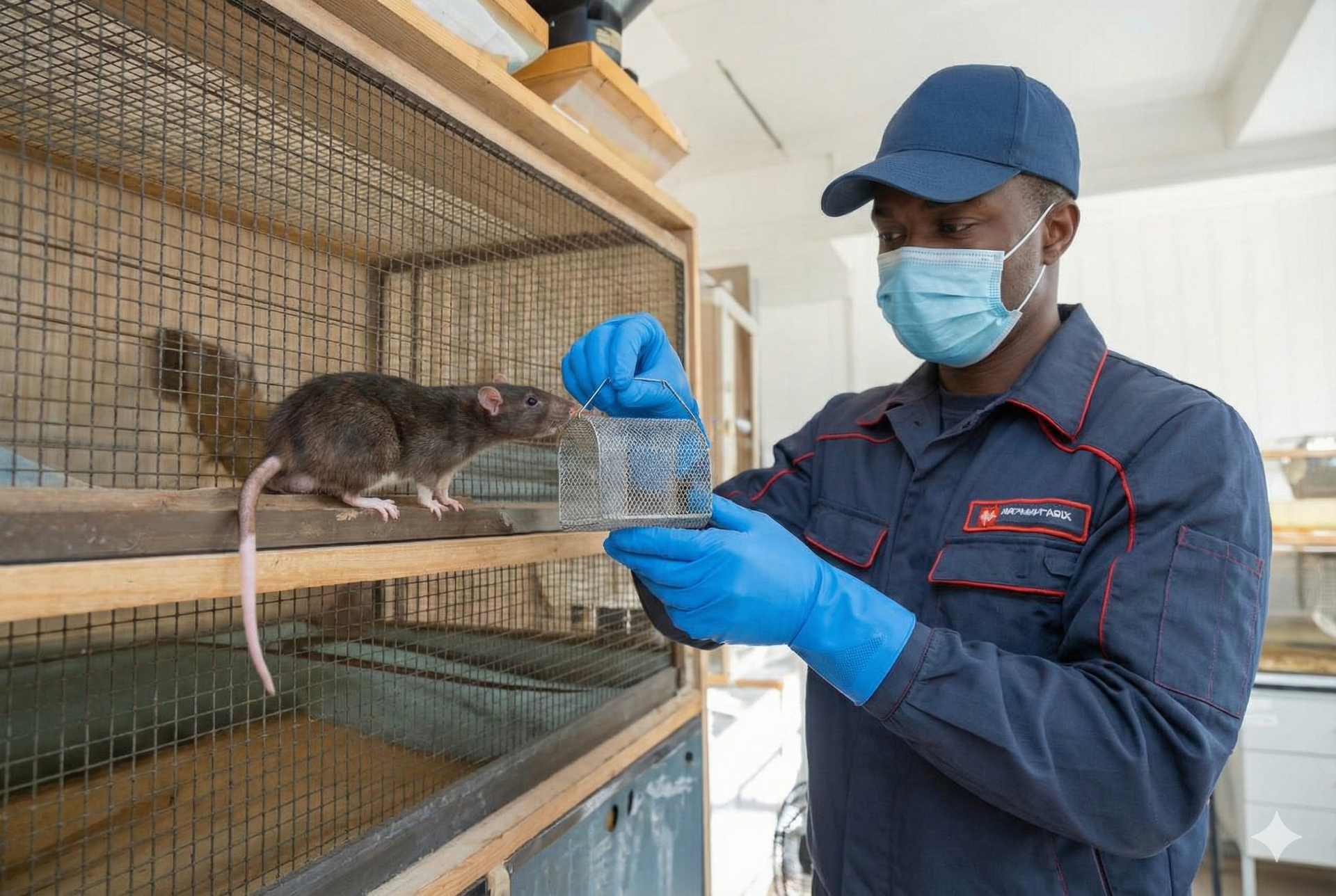 A man wearing a mask and gloves is holding a mouse in a cage.