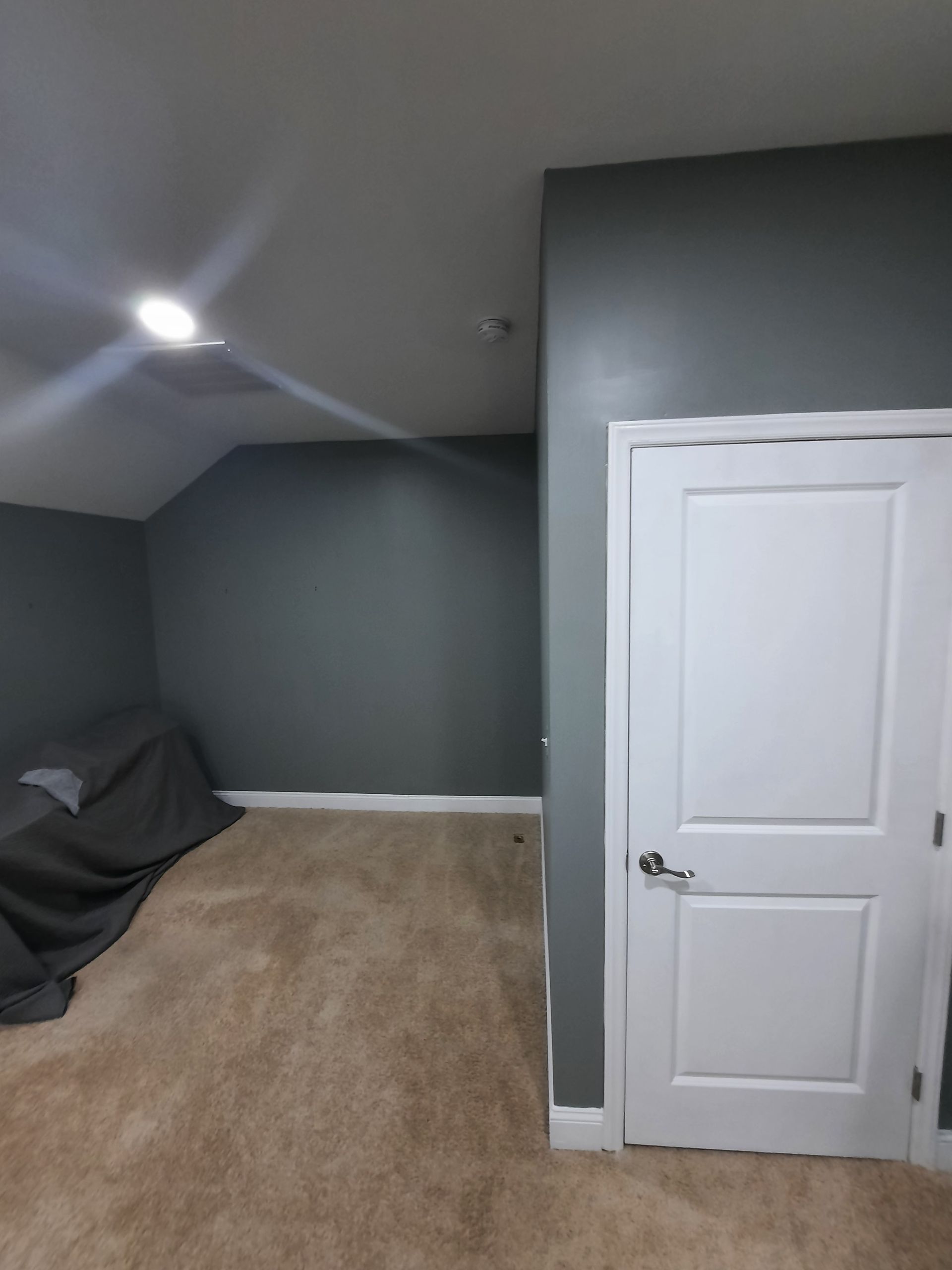 A bedroom with grey walls and a white door