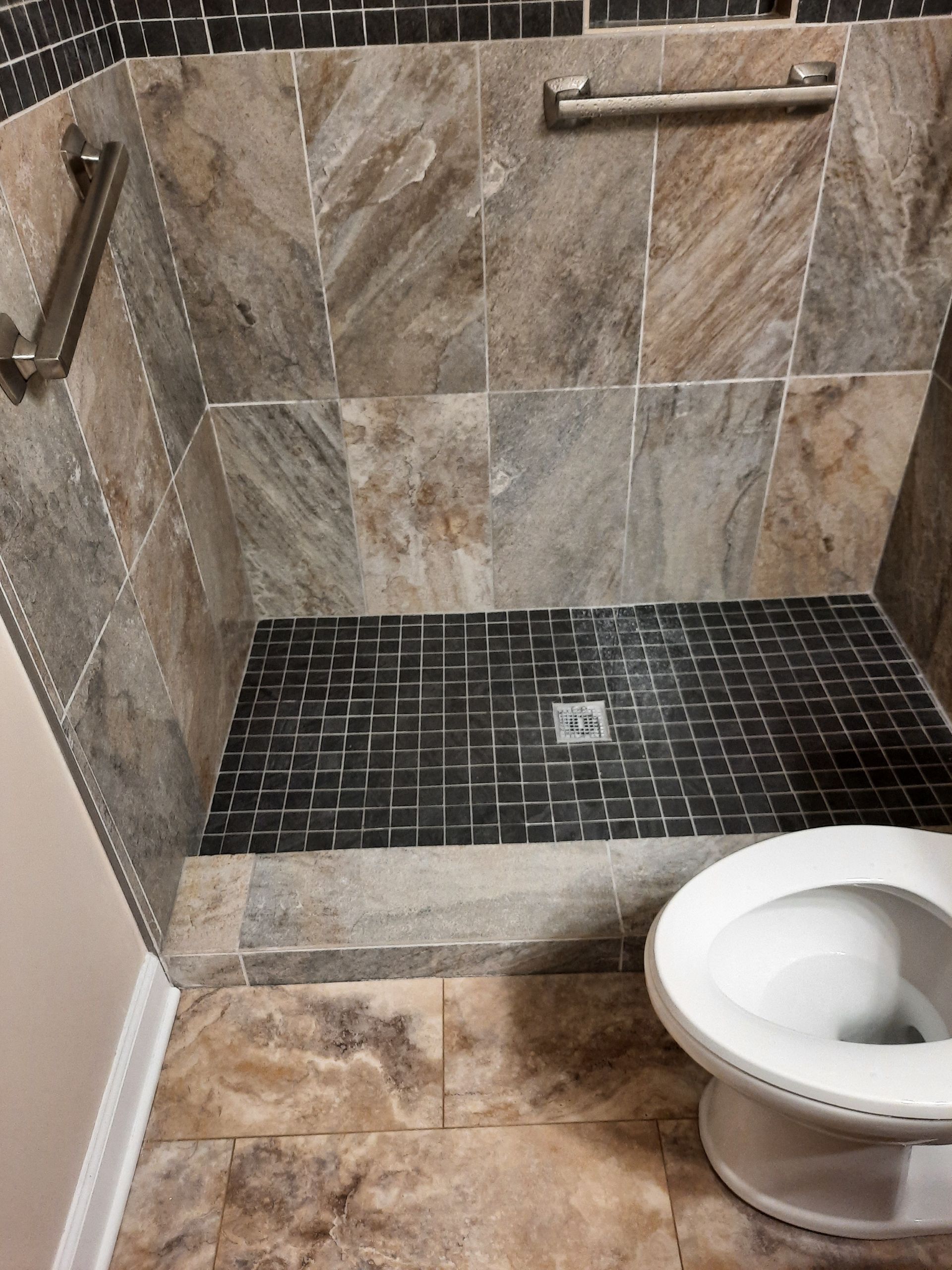 A bathroom with a toilet and a walk in shower