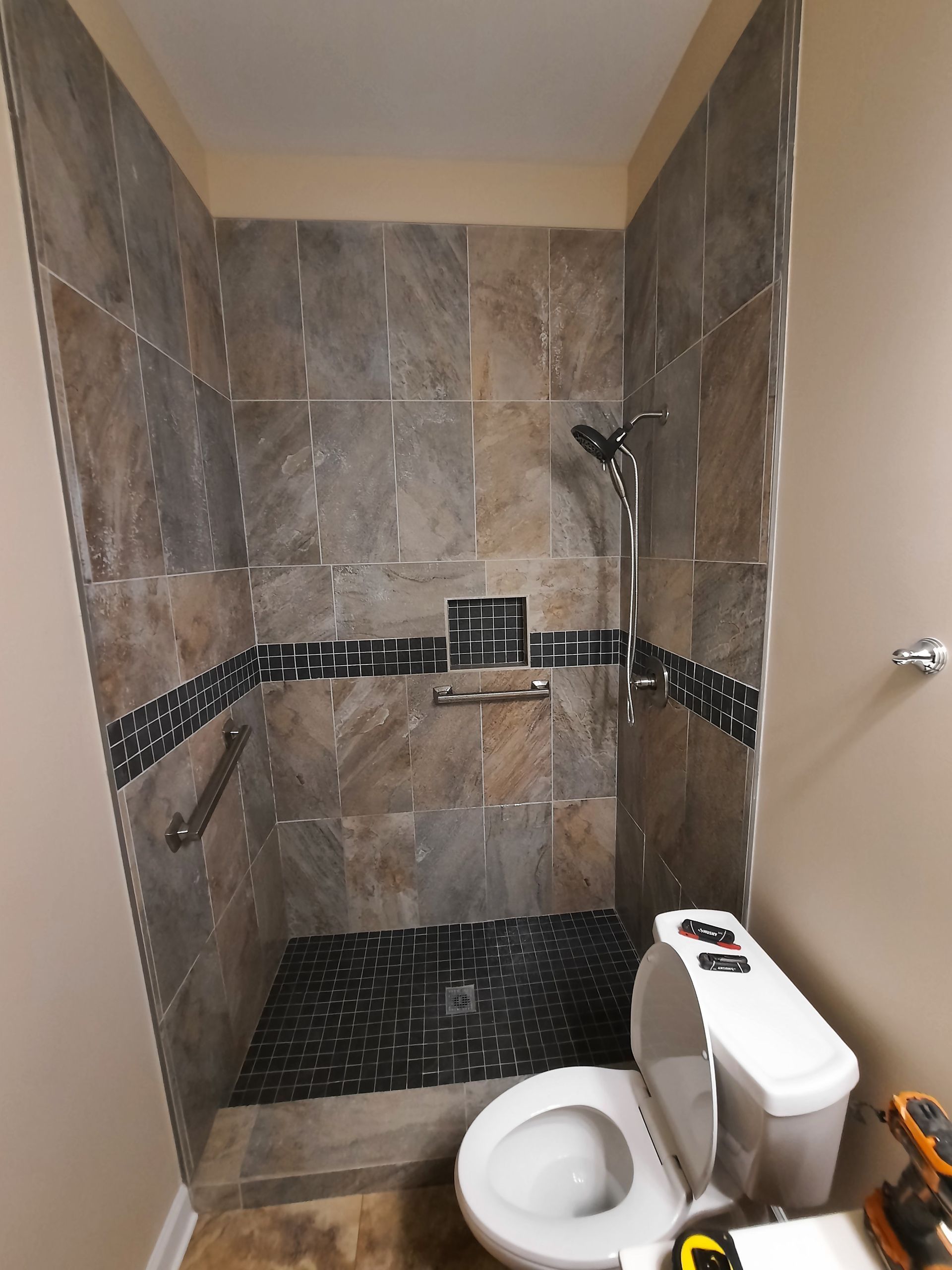 A bathroom with a toilet and a walk in shower