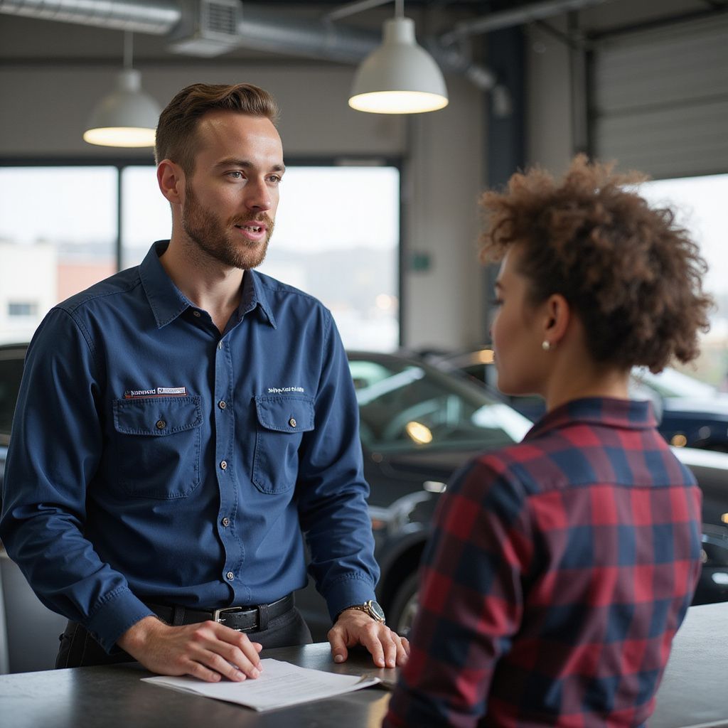 Mechanic in blue shirt talking to a customer in a garage; they are at a desk.