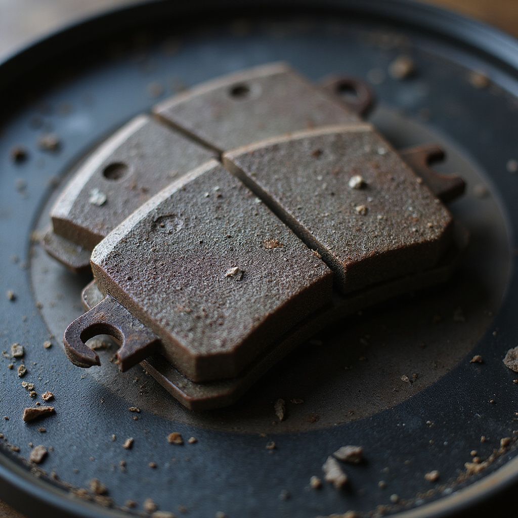 Brown, rectangular brake pads stacked on a black plate, covered in fine dust.