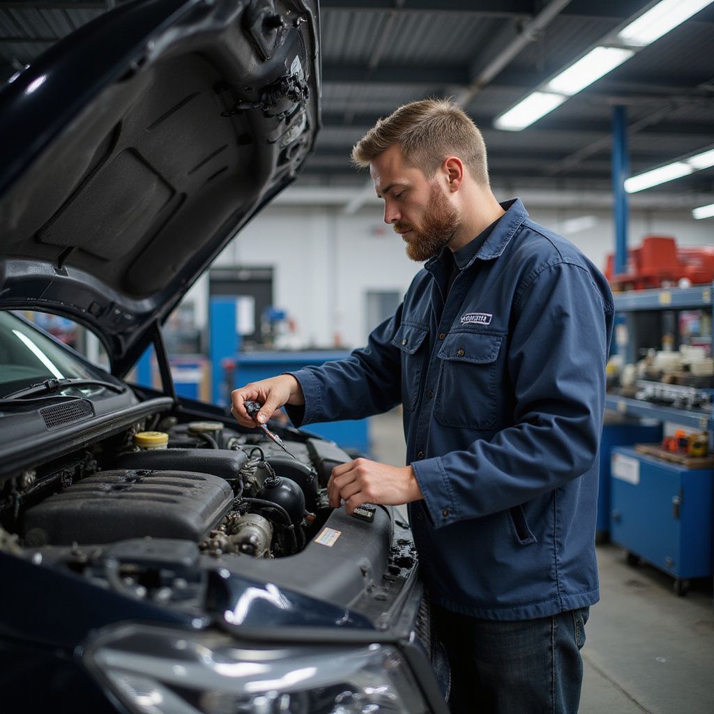 Mechanic working on a car engine in a repair shop.
