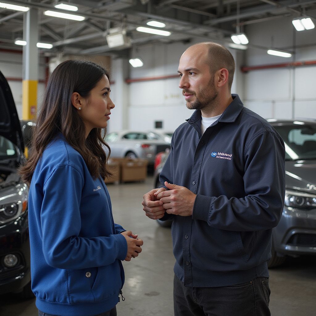 Woman and man in a car shop, talking. They wear matching blue jackets. Cars are in the background.