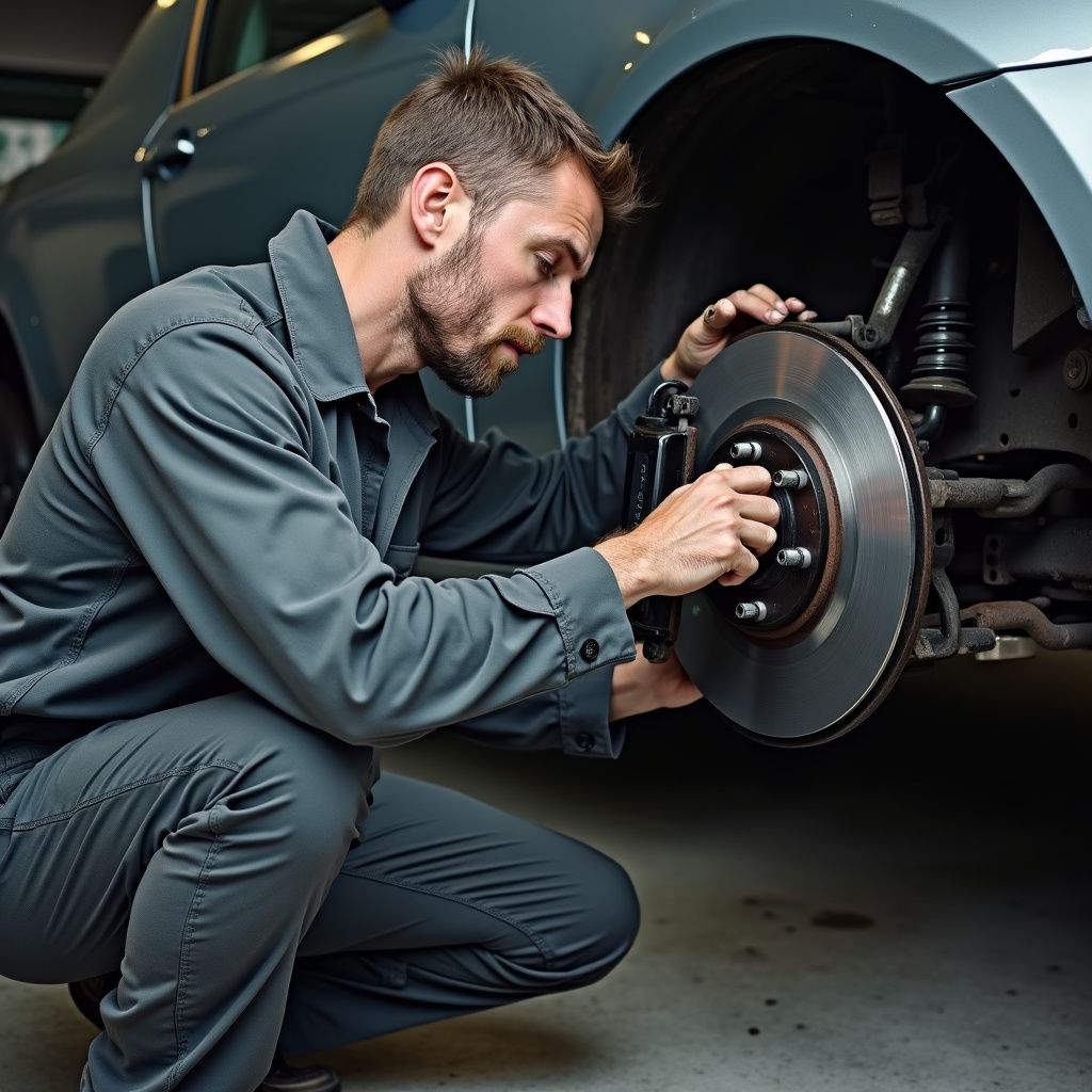 Mechanic in gray jumpsuit working on car brakes. Indoors, focused expression.