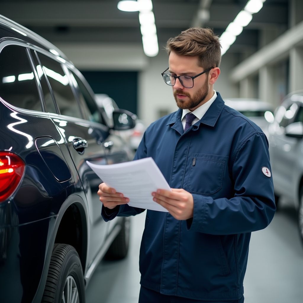 Man in blue uniform examining paperwork next to a car in a service bay.